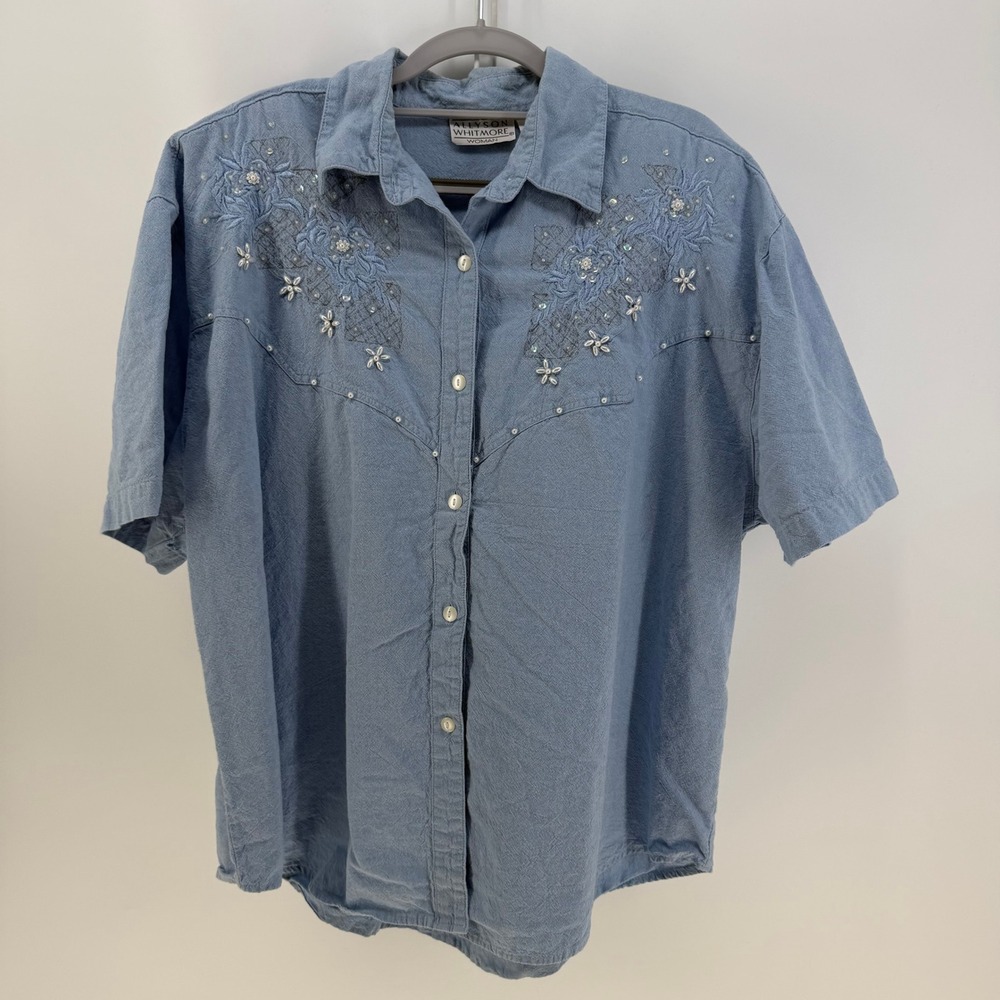 Allyson Whitmore Button Up Womens 1X Blue Embroidered Beaded Western Boho Shirt - Picture 1 of 9